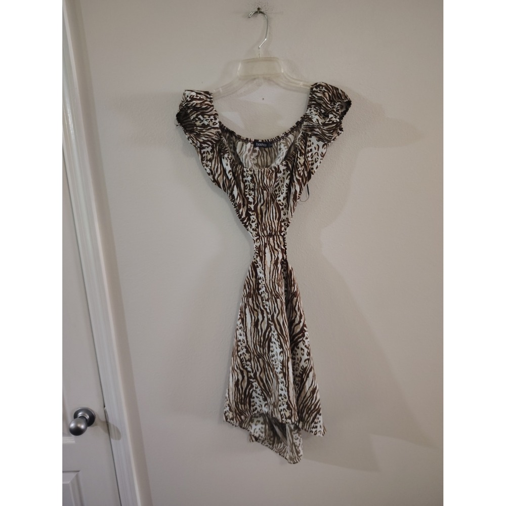 Boohoo Womens Animal Print Mini Dress Brown White Zebra Leopard Ruffle Size 4